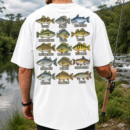 Bass Crappie and Catfish Freshwater Fish Chart Graphic T-Shirt | Back Print