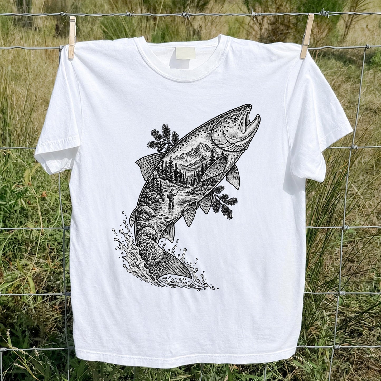 Leaping Trout with Mountain River and Angler Fishing Graphic T-Shirt