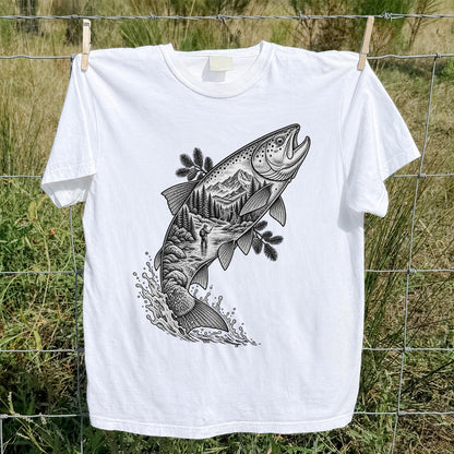 Leaping Trout with Mountain River and Angler Fishing Graphic T-Shirt
