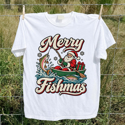 Merry Fishmas Santa Catching Rainbow Trout in a Boat Fishing T-Shirt