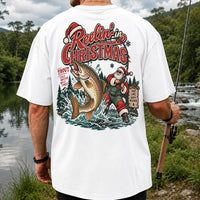 Reelin' in Christmas Santa and Rainbow Trout Fishing T-Shirt | Back Print