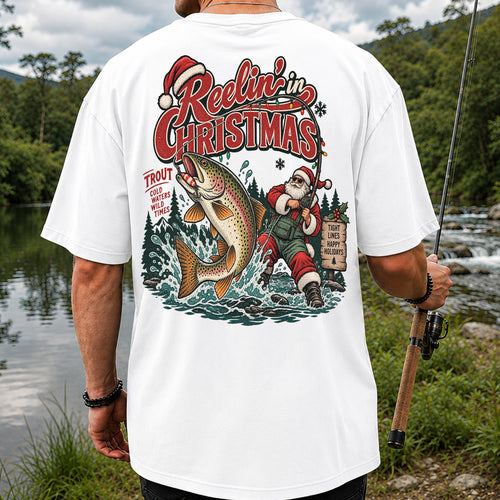Reelin' in Christmas Santa and Rainbow Trout Fishing T-Shirt | Back Print