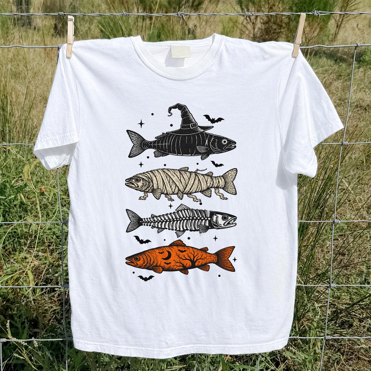 Halloween Witch Mummy Skeleton and Pumpkin Fish Graphic T-Shirt