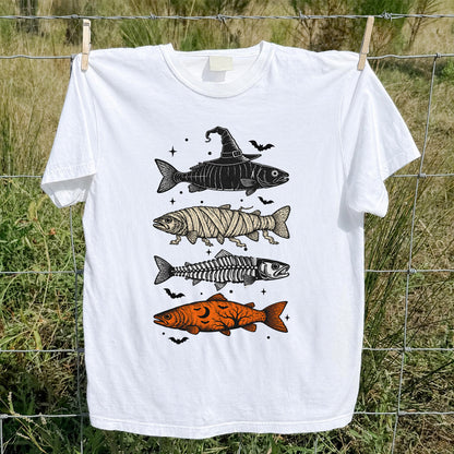 Halloween Witch Mummy Skeleton and Pumpkin Fish Graphic T-Shirt
