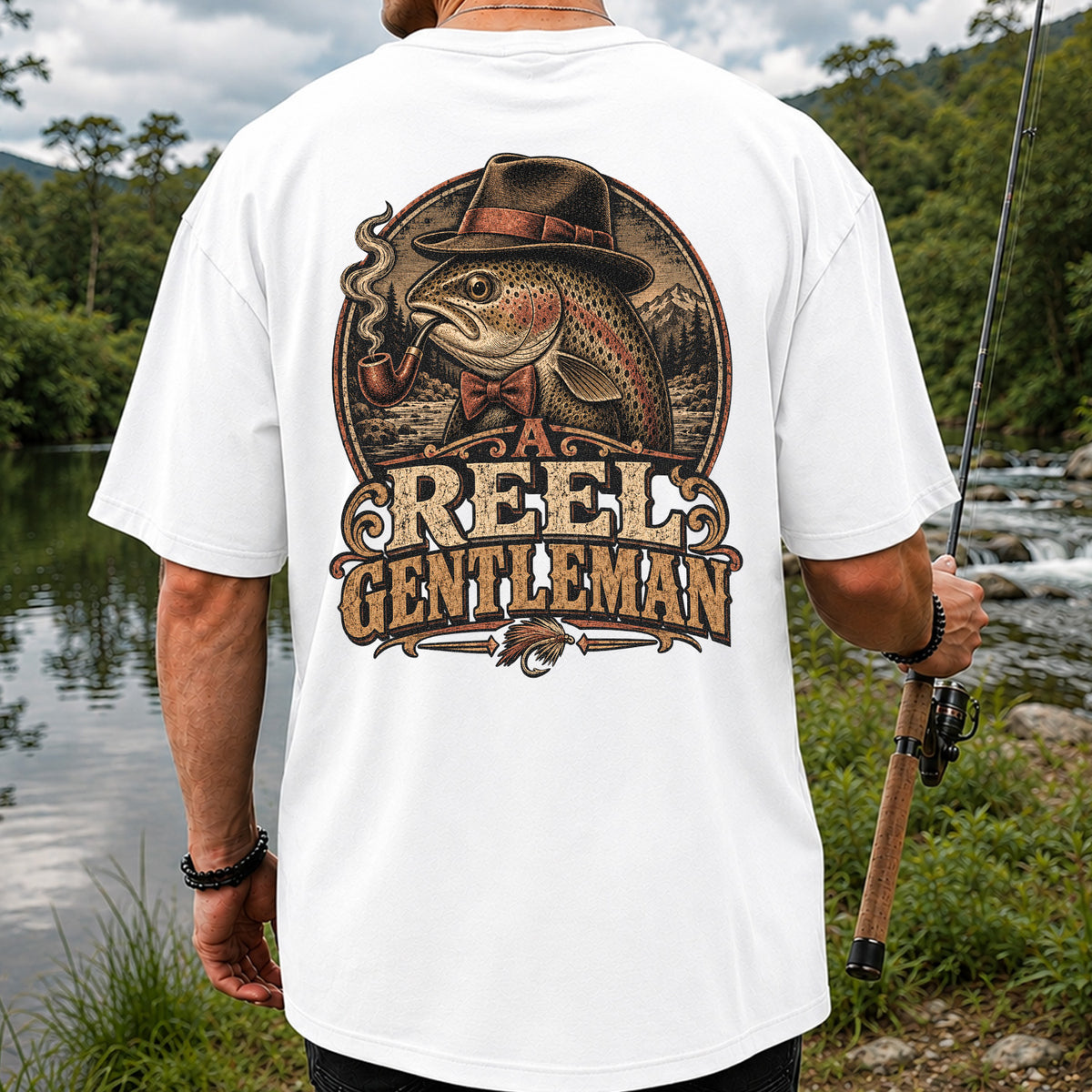 A Reel Gentleman Trout Fishing Vintage Graphic T-Shirt | Back Print