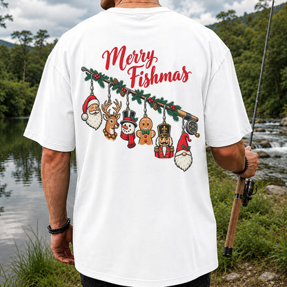 Christmas Fishing Rod Ornaments Holiday Graphic T-Shirt | Back Print