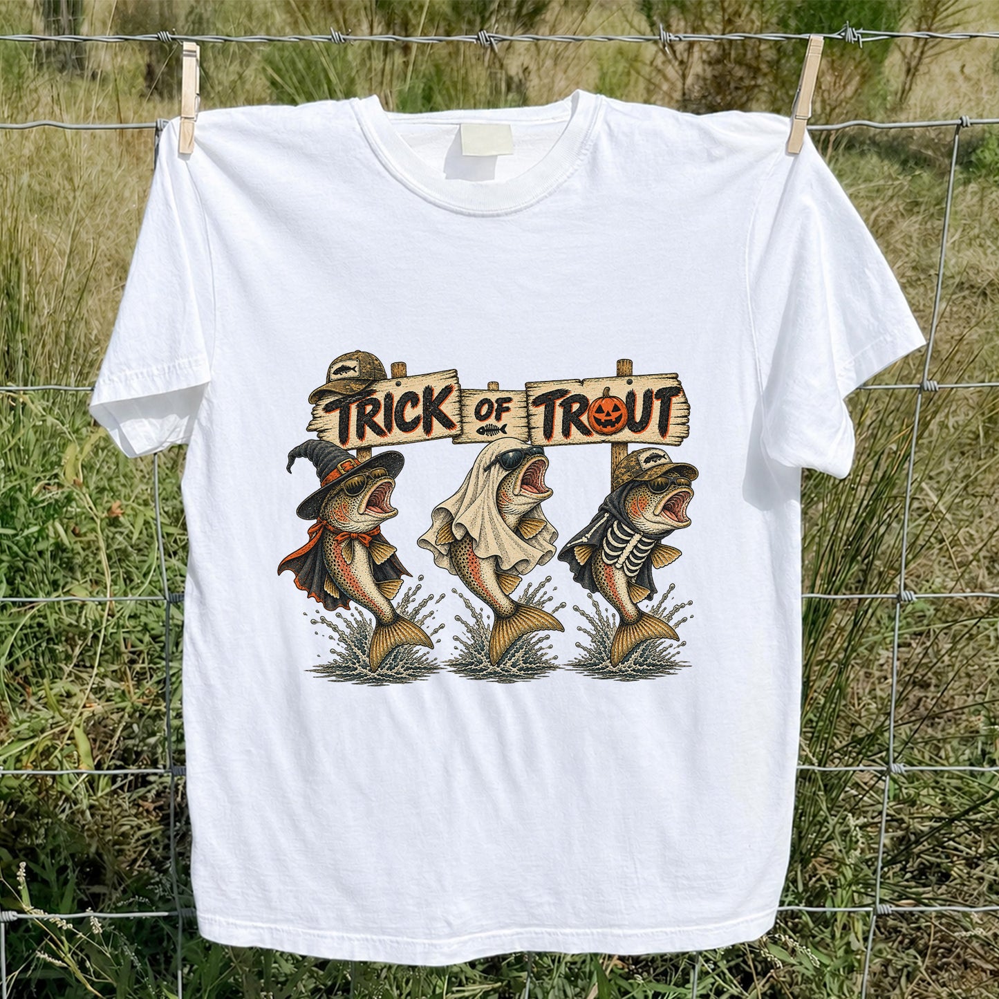 Trick or Trout Halloween Three Trout Fishing T-Shirt