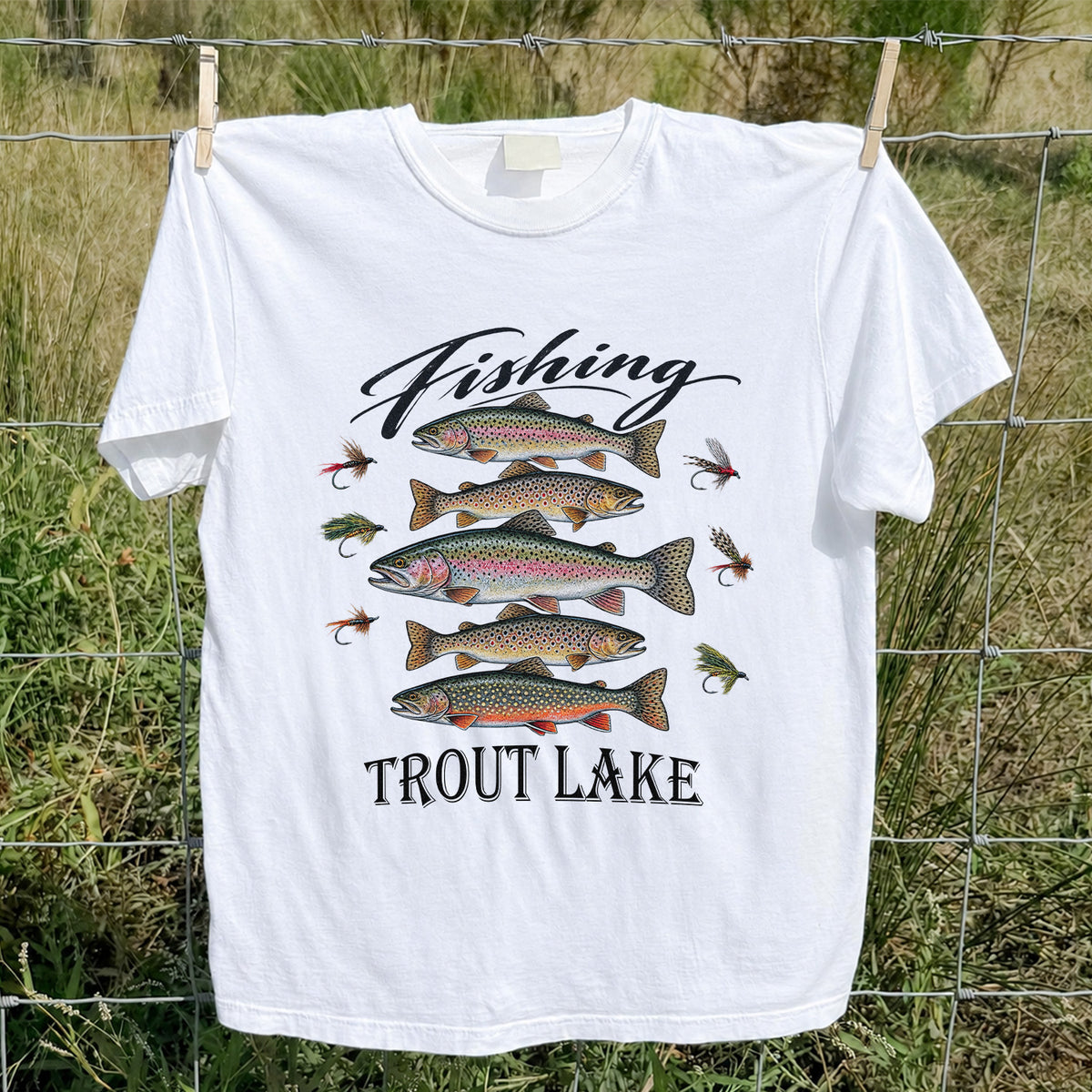 Fishing Trout Lake Vintage Trout and Flies Graphic T-Shirt