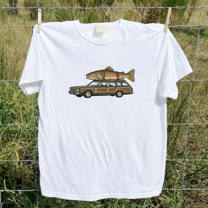 Vintage Station Wagon Carrying Rainbow Trout Fishing T-Shirt