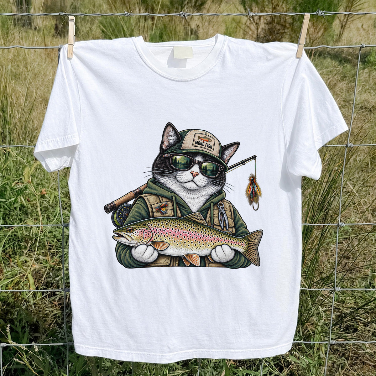Cat Holding Rainbow Trout Fishing Graphic T-Shirt