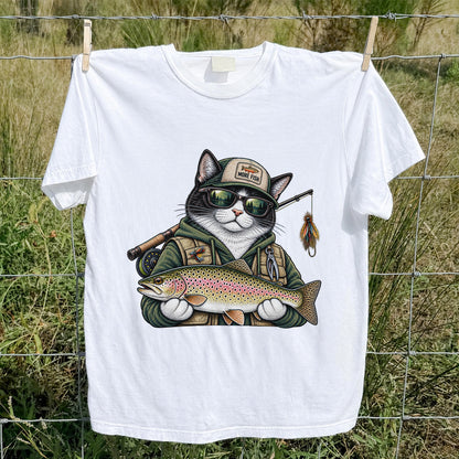Cat Holding Rainbow Trout Fishing Graphic T-Shirt