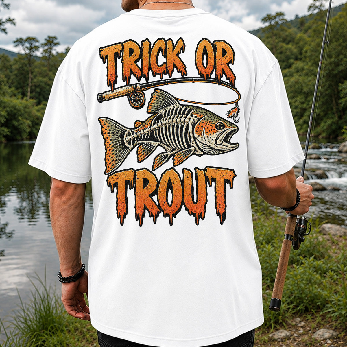 Trick or Trout Skeleton Trout Halloween Fly Fishing T-Shirt | Back Print