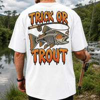 Trick or Trout Skeleton Trout Halloween Fly Fishing T-Shirt | Back Print
