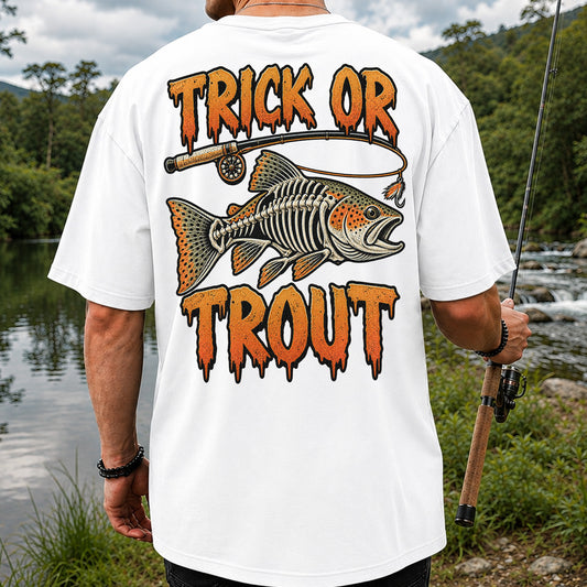 Trick or Trout Skeleton Trout Halloween Fly Fishing T-Shirt | Back Print