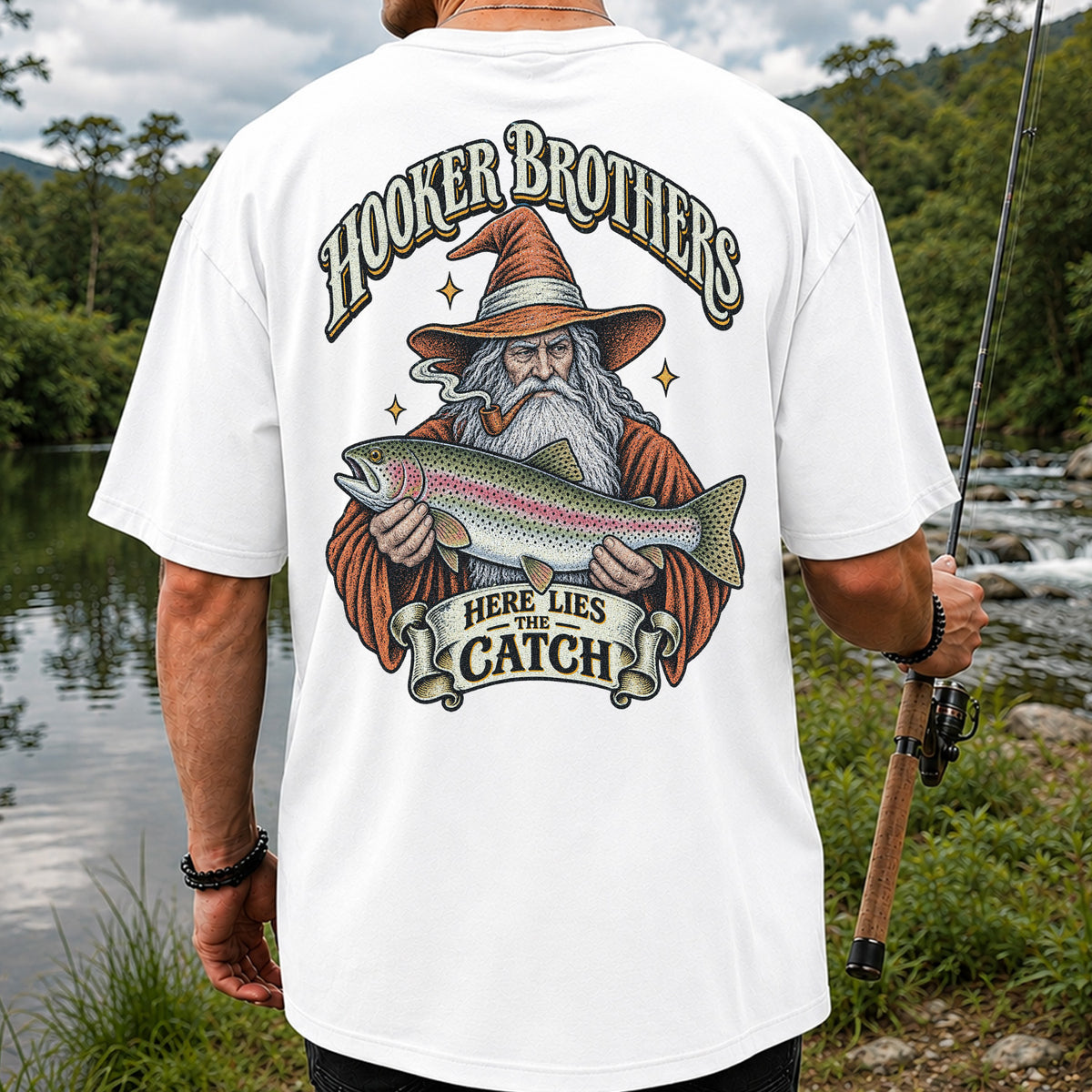 Hooker Brothers Here Lies the Catch Wizard Trout Fishing T-Shirt | Back Print