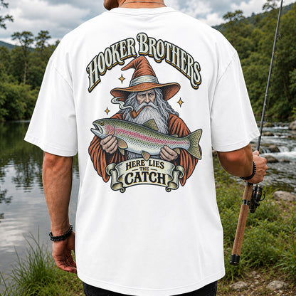 Hooker Brothers Here Lies the Catch Wizard Trout Fishing T-Shirt | Back Print
