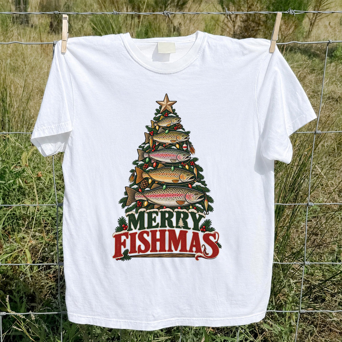 Merry Fishmas Trout Christmas Tree Fishing T-Shirt