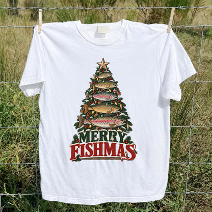 Merry Fishmas Trout Christmas Tree Fishing T-Shirt