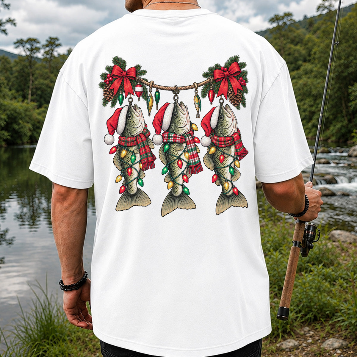 Christmas Fish Ornament Fishing Graphic T-Shirt | Back Print
