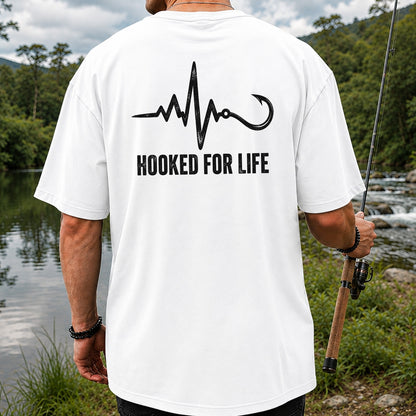 Hooked for Life Fishing Hook Heartbeat Graphic T-Shirt | Back Print