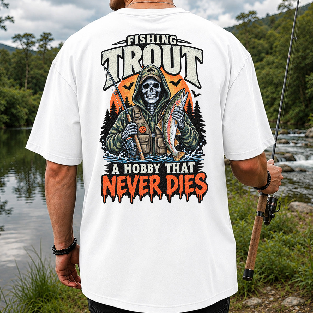 Fishing Trout A Hobby That Never Dies Skeleton Halloween T-Shirt | Back Print