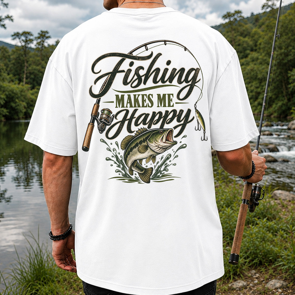 Fishing Makes Me Happy Bass Fishing Graphic T-Shirt | Back Print