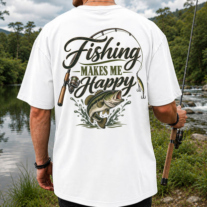 Fishing Makes Me Happy Bass Fishing Graphic T-Shirt | Back Print
