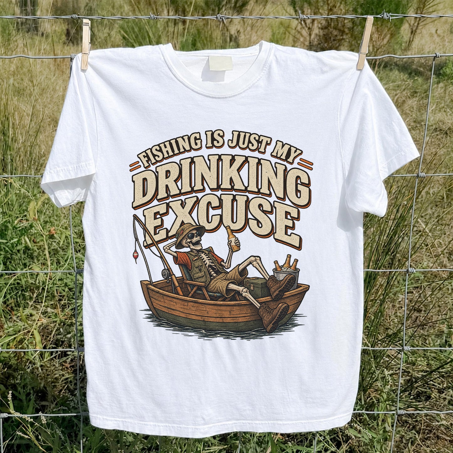 Fishing Is Just My Drinking Excuse Skeleton Angler T-Shirt