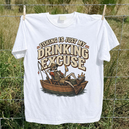 Fishing Is Just My Drinking Excuse Skeleton Angler T-Shirt