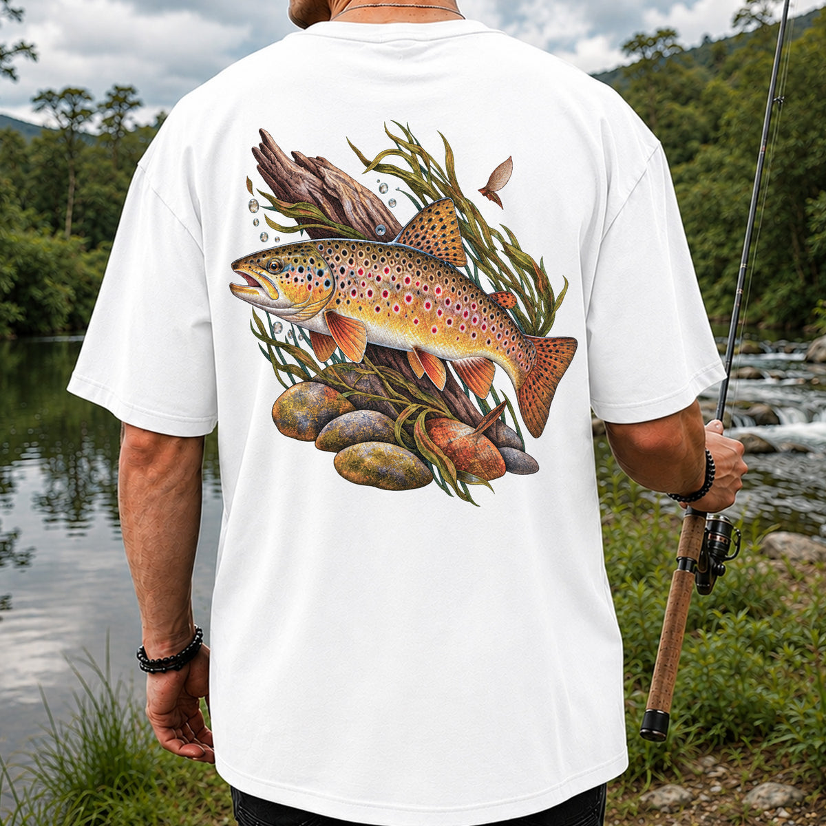 Vintage Brown Trout River Fishing Graphic T-Shirt | Back Print
