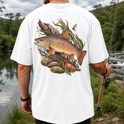 Vintage Brown Trout River Fishing Graphic T-Shirt | Back Print