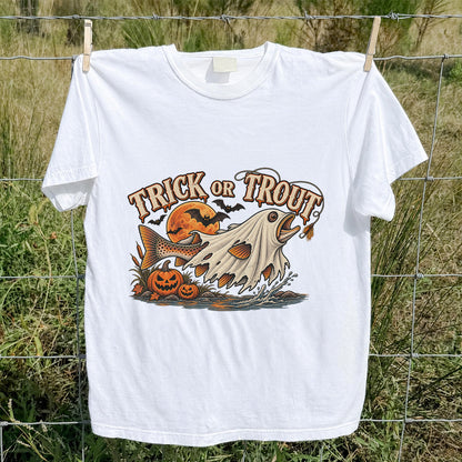 Trick or Trout Ghost Fish Halloween Fishing T-Shirt