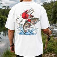 Santa Riding a Christmas-Lighted Rainbow Trout Fishing Graphic T-Shirt | Back Print