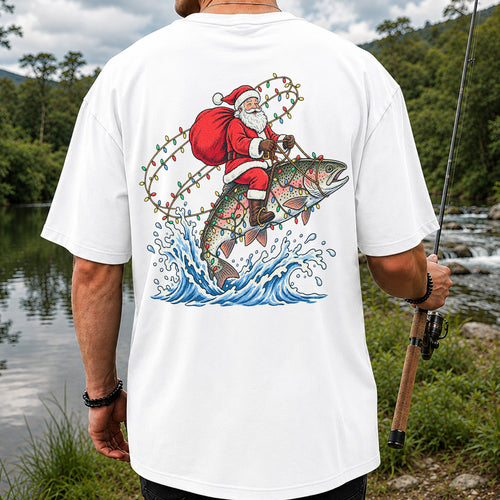 Santa Riding a Christmas-Lighted Rainbow Trout Fishing Graphic T-Shirt | Back Print