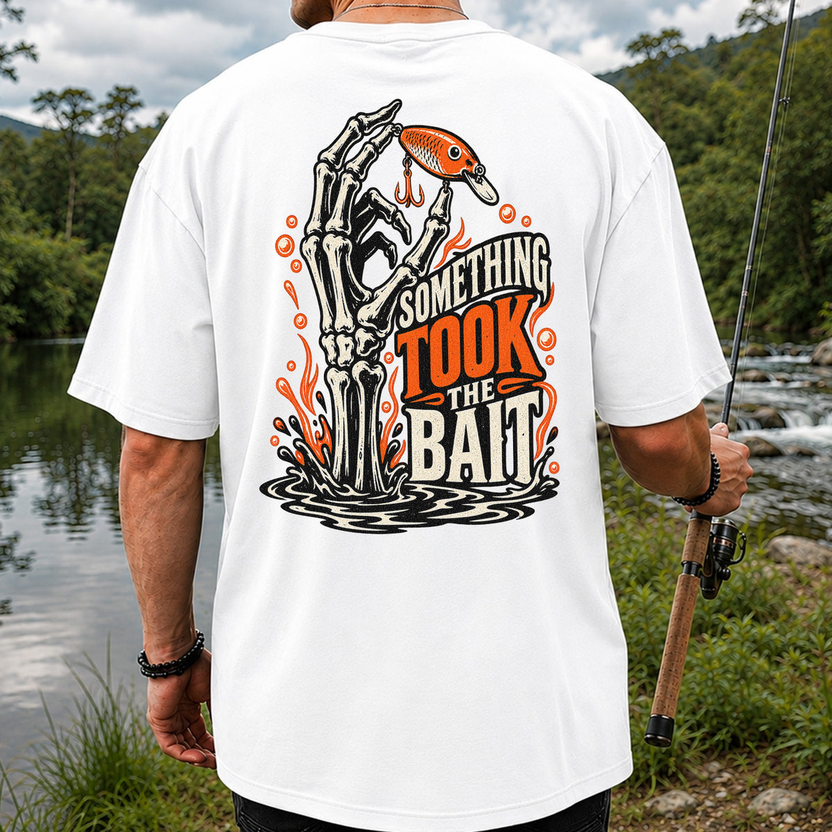 Skeleton Took the Bait Fishing Lure Gothic Graphic T-Shirt | Back Print