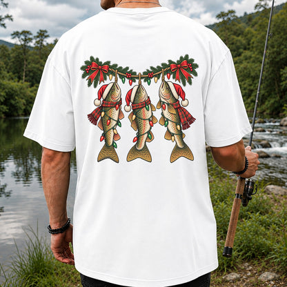 Festive Trout String Lights Christmas Fishing T-Shirt | Back Print