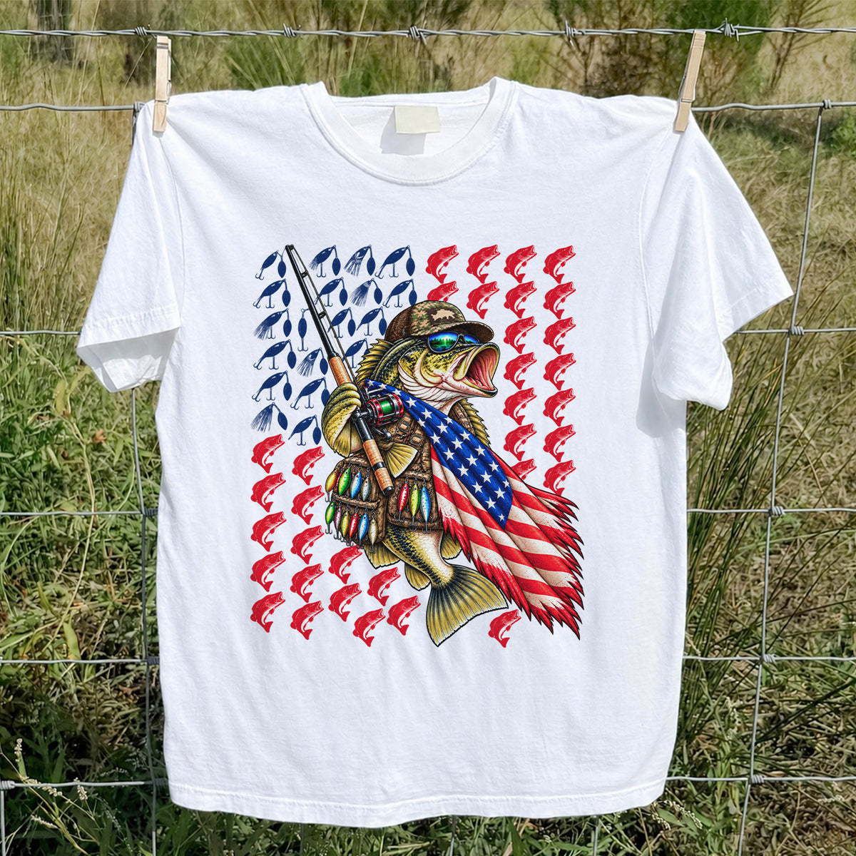 Patriotic Bass Fishing Graphic T-Shirt with American Flag Design