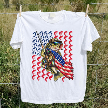 Patriotic Bass Fishing Graphic T-Shirt with American Flag Design
