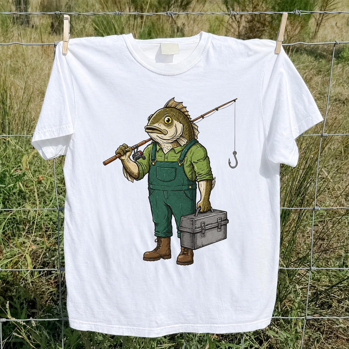 Funny Bass Fisherman Carrying Tackle Box Graphic T-Shirt