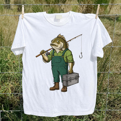 Funny Bass Fisherman Carrying Tackle Box Graphic T-Shirt