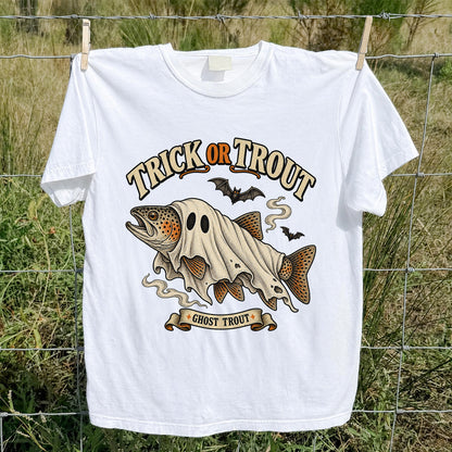 Trick or Trout Ghost Trout Halloween Fishing T-Shirt