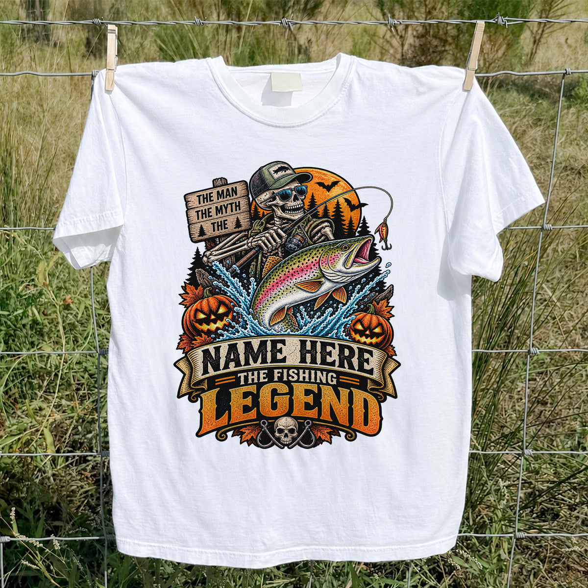 The Man The Myth The Fishing Legend Name Here Halloween Skeleton Rainbow Trout T-Shirt