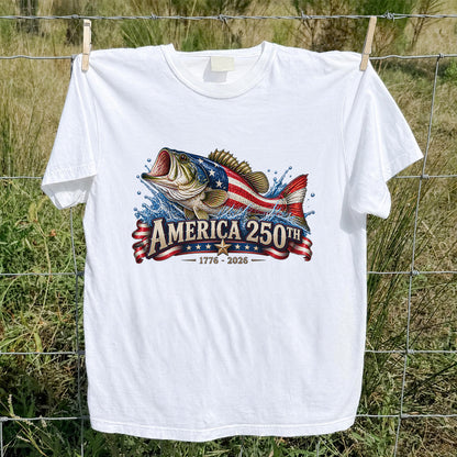 America 250th 1776–2026 American Flag Bass Fishing T-Shirt