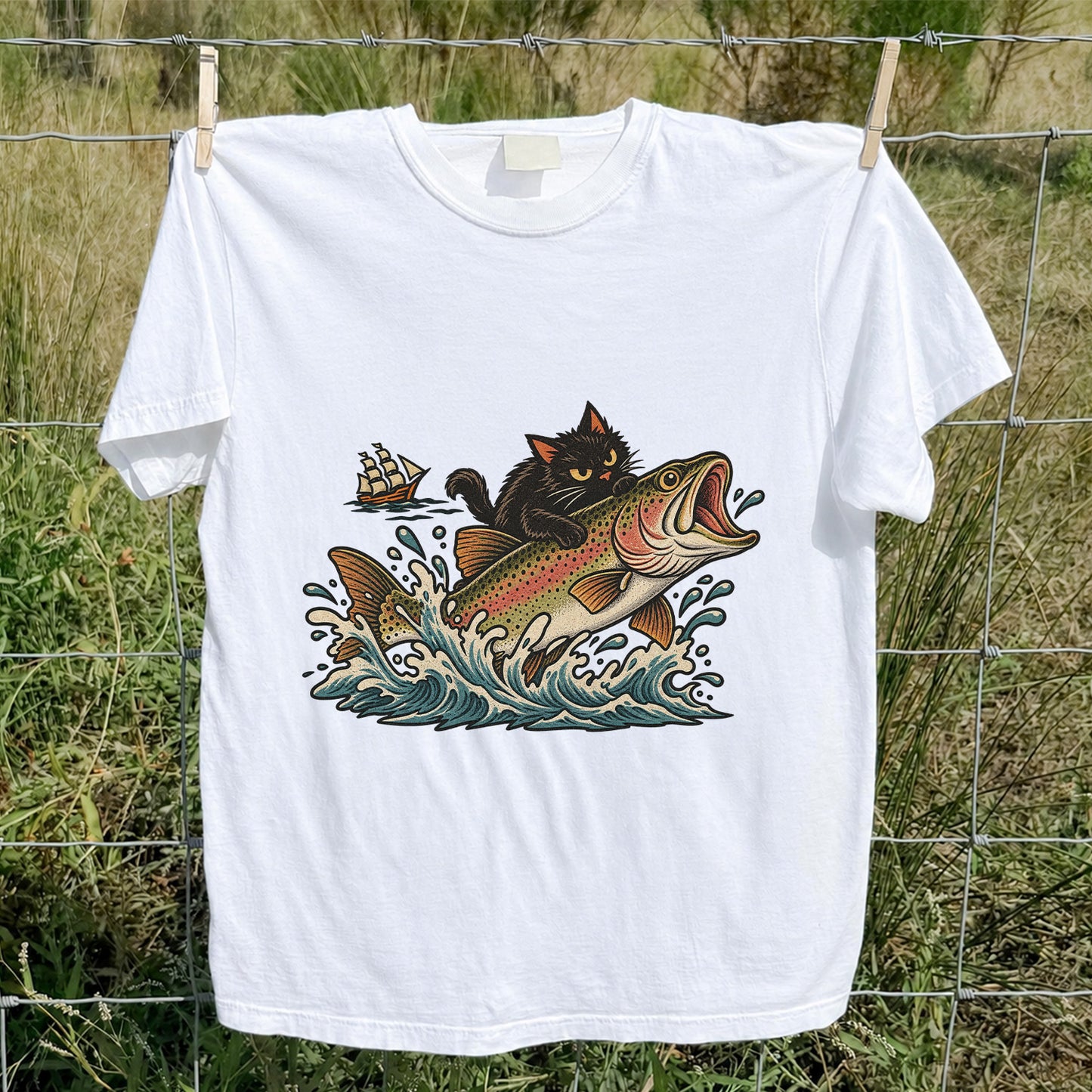 Black Cat Riding a Trout Ocean Wave Fishing Graphic T-Shirt
