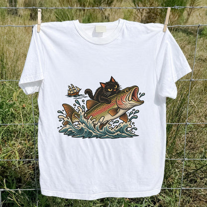 Black Cat Riding a Trout Ocean Wave Fishing Graphic T-Shirt