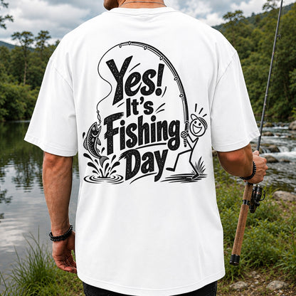 Yes! It's Fishing Day Funny Angler and Trout Graphic T-Shirt | Back Print