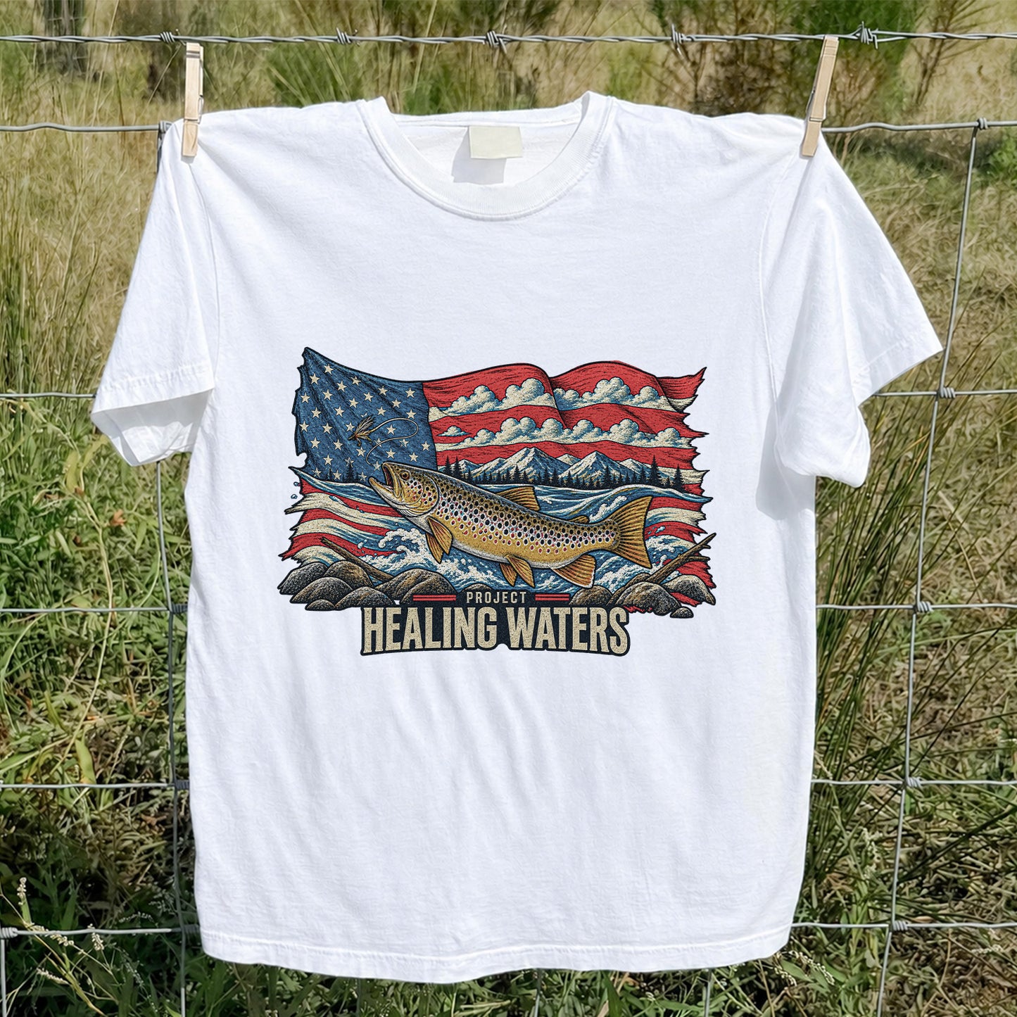 Healing Waters American Flag Brown Trout Fishing Graphic T-Shirt