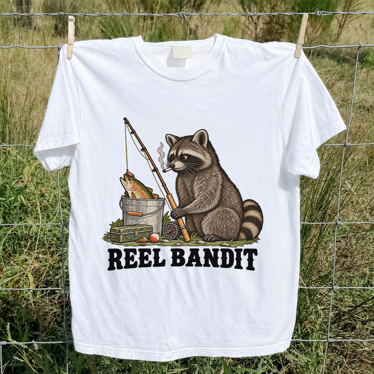Reel Bandit Smoking Raccoon with Fishing Rod Funny T-Shirt