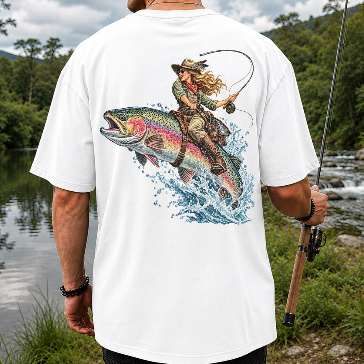 Cowgirl Riding a Rainbow Trout Fly Fishing Graphic T-Shirt | Back Print