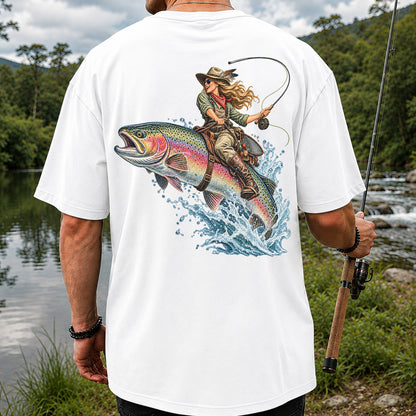 Cowgirl Riding a Rainbow Trout Fly Fishing Graphic T-Shirt | Back Print